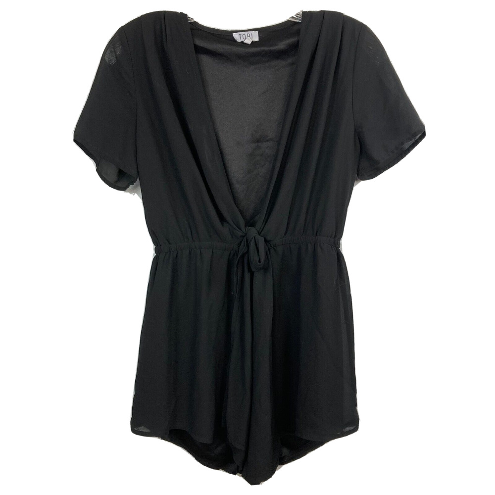 Tobi Romper Womens Sz M Black Chiffon Deep V‎ Tie Front Short Sleeve Flowy